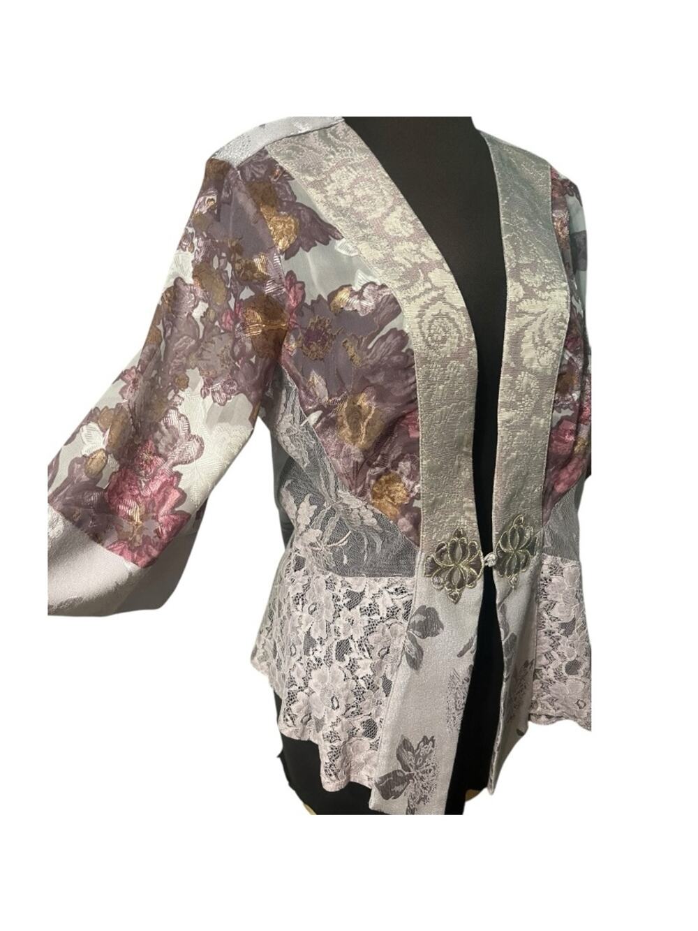 Y2K Satin Asian Floral Lace Kimono Jacket M Ethereal Fairy Romantic Pastel Boho